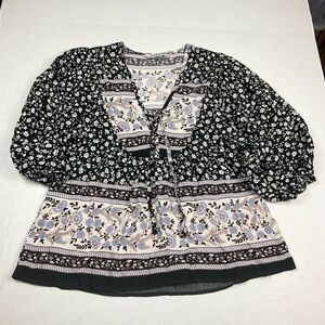 Kelso Womens Peasant Top Floral Neck Tie V-Neck Puff 3/4 Sleeve Blouse Large